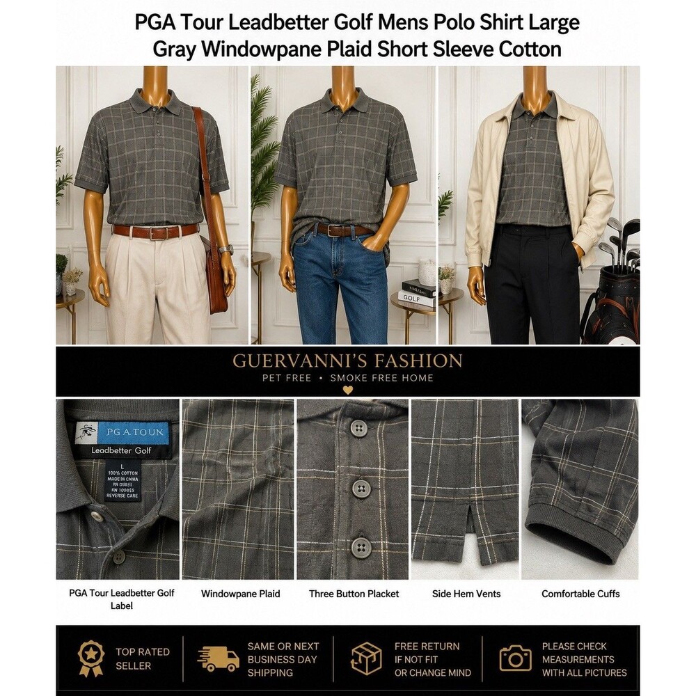 PGA Tour Plaid Polo Shirt Flip Cuff Short Sleeve Men L Gray White Cotton Core